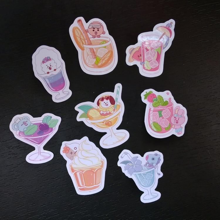 [SET 2] Bộ 8 sticker Đồ uống BT21 kích thước 4 cm khác nhau (Ảnh thật tự chụp)