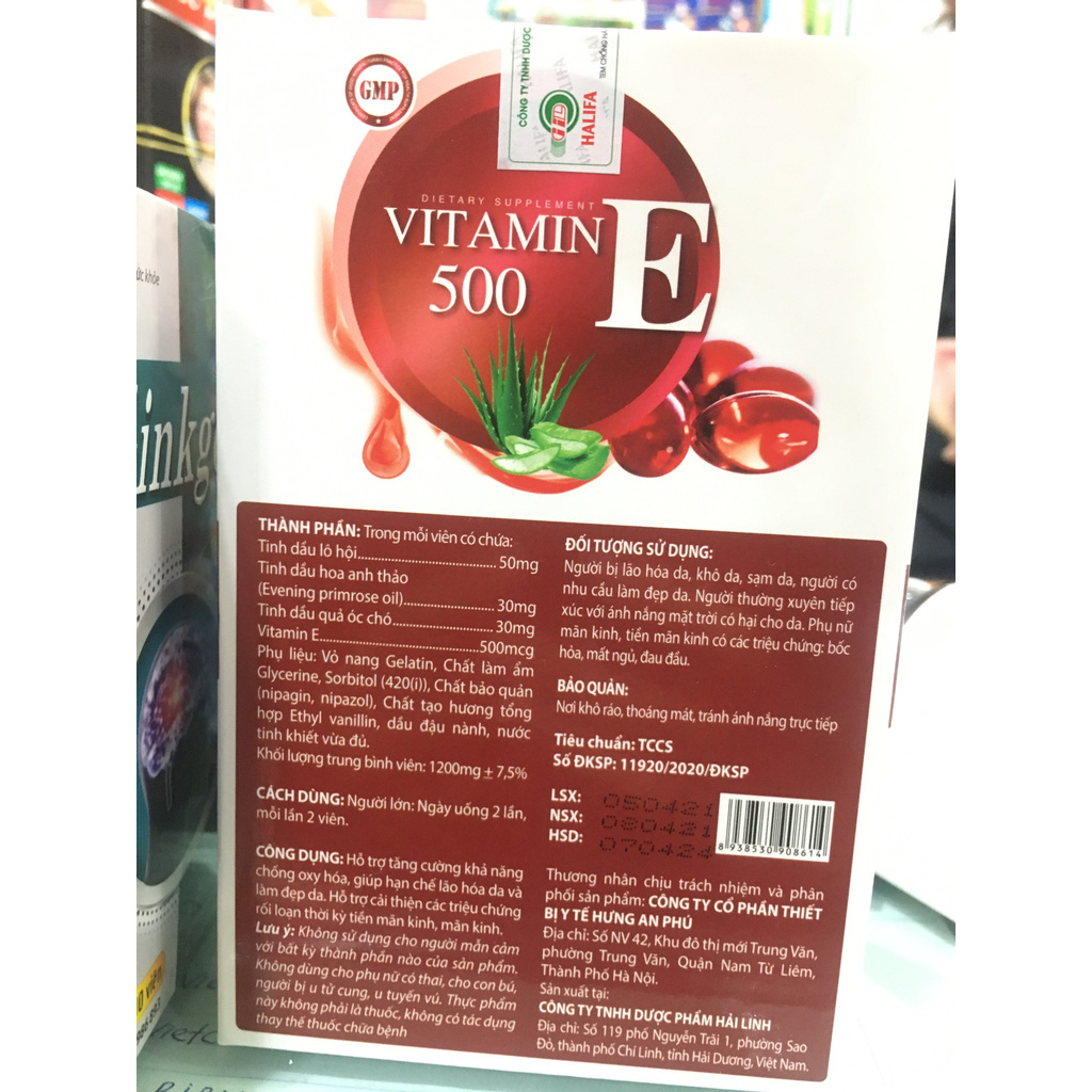 Viên uống đẹp da VITAMIN E 500 Đỏ và tinh dầu hoa anh thảo giúp cân bằng nội tiết, chống oxy hóa. Lọ 60 viên