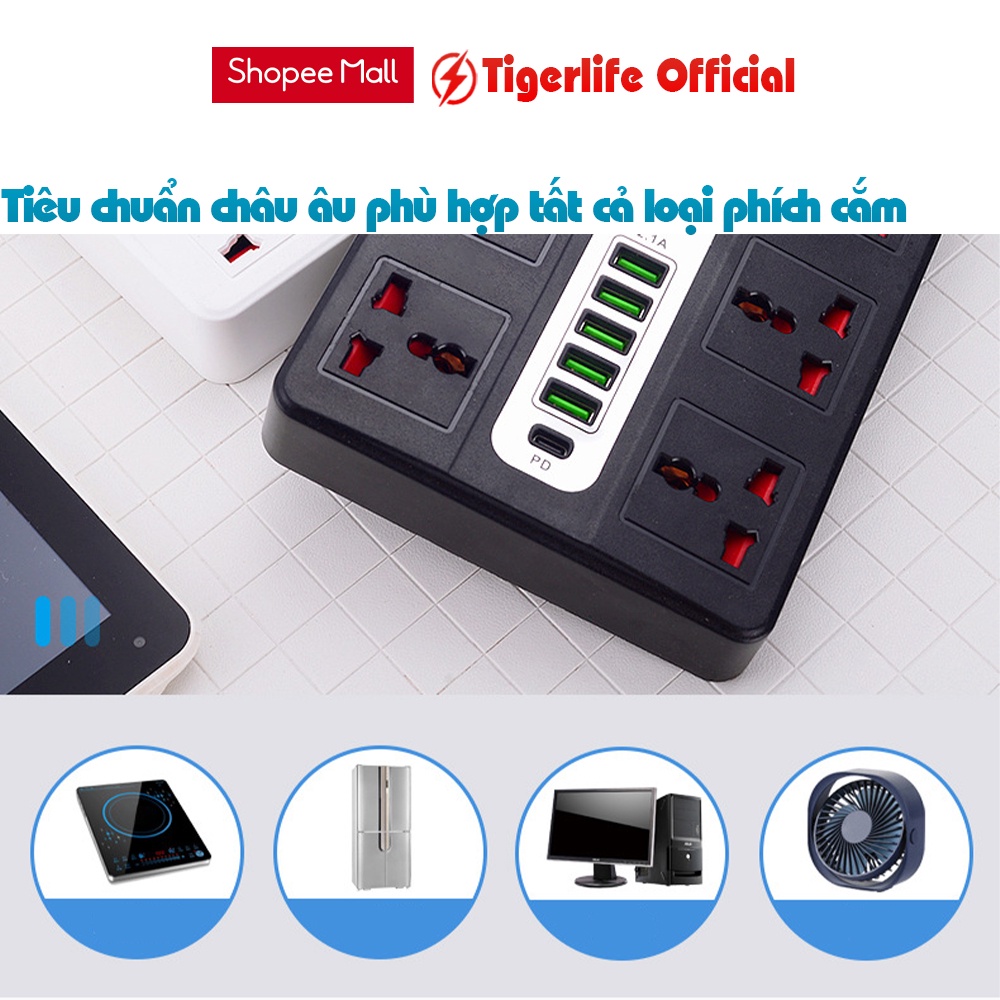 Ổ cắm điện đa năng Tigerlife GKKA39 Tích hợp 6 ổ cắm 6 cổng sạc 1 cổng sạc nhanh PD Chịu tải 2500w