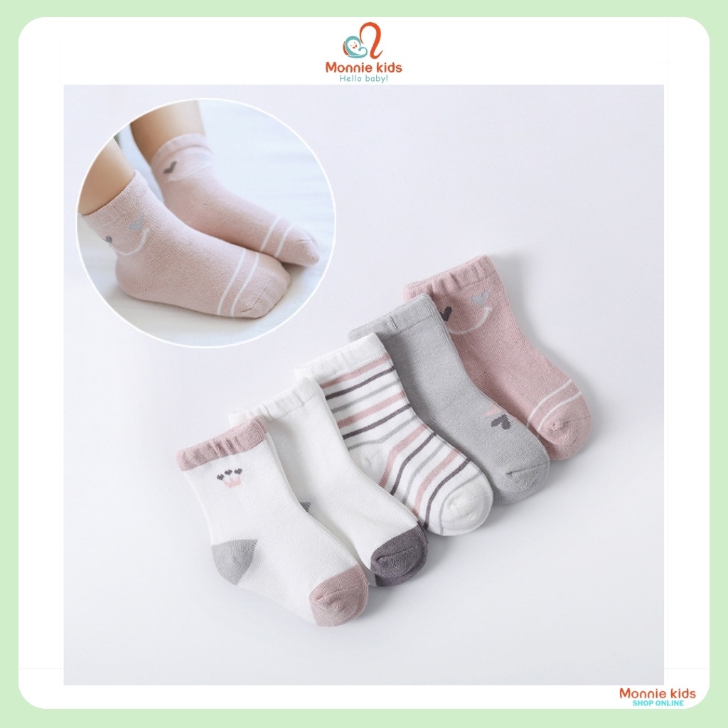 Set 5 đôi vớ họa tiết unisex cho bé, tất trẻ em cotton cổ cao mềm mại co giãn - Monnie Kids