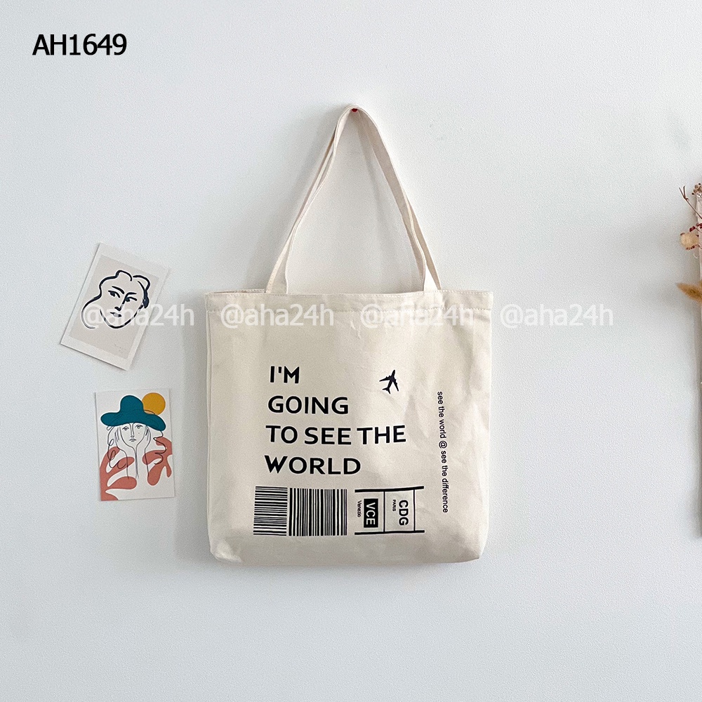 Túi tote vải canvas đi học đi chơi có khóa kéo hàn quốc đeo vai in IM GOING TO SEE THE WORLD AH1649