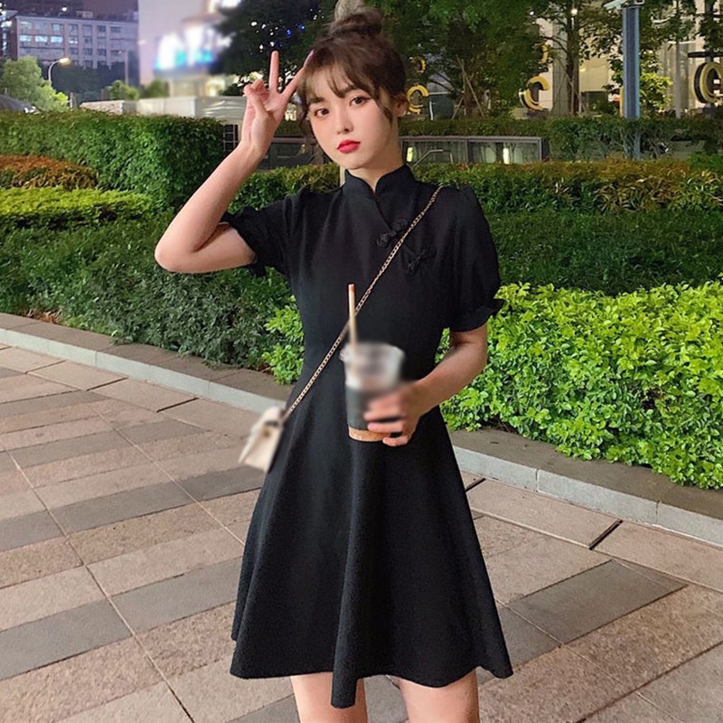 Đầm Sườn Xám Tay Ngắn Màu Sắc Trơn Thời Trang Xinh Xắn Cho Nữ