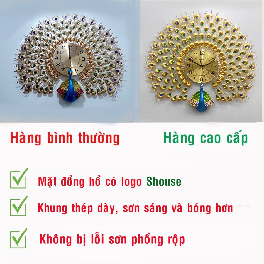 Đồng Hồ Treo Tường Con Chim Công Vàng Khổng Tước Shouse A25 kim trôi đẹp treo phòng khách sang trọng cỡ lớn 3d hiện đại