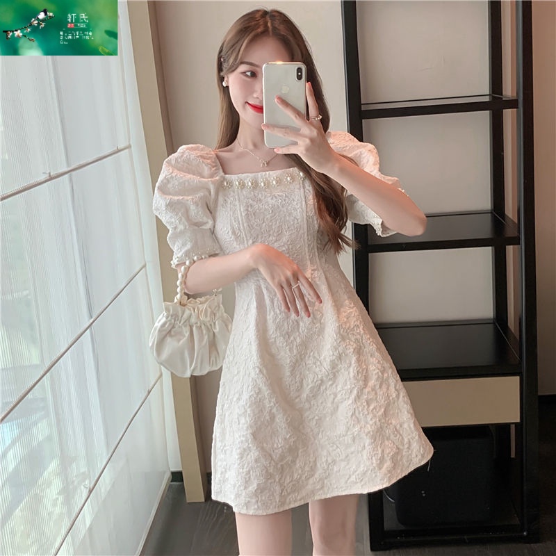 Đầm Cổ Vuông Tay Phồng Đính Hạt Nổi Phong Cách Pháp Thời Trang Mùa Hè Mới Cho Nữ
