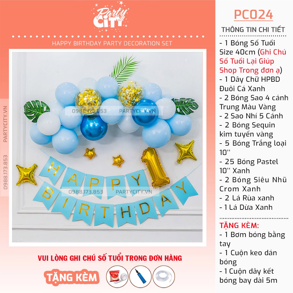 Set bóng sinh nhật, thôi nôi cho bé trai bé gái Partycityvn PC024 màu xanh dương kèm phụ kiện