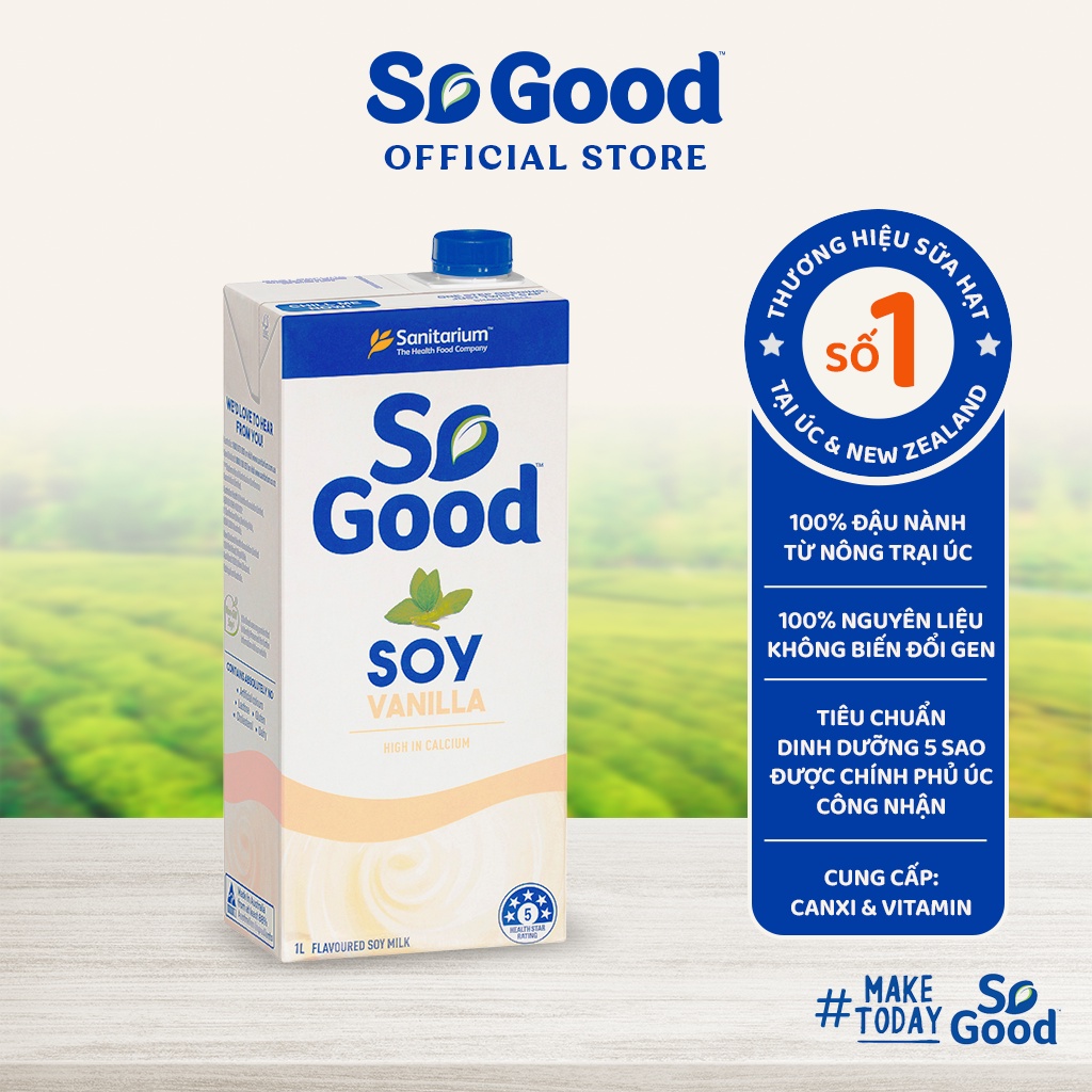 Sữa hạt đậu nành Vanilla SO GOOD Úc 1L ít ngọt bổ sung canxi và vitamin, phù hợp mẹ bầu, người ăn kiêng
