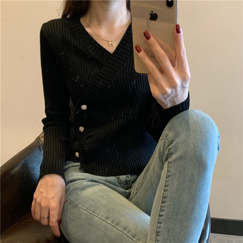 【ZHELIHANGFEI】Áo Dệt Kim Cổ Chữ V Dáng Ôm Phối Nút Thời Trang