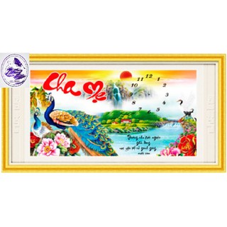 Tranh đính đá đồng hồ Cha Mẹ. Kích thước: 79x45cm