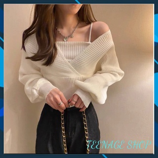 Áo len trễ vai croptop tay dài giả yếm ulzzang kiểu Hàn Quốc
