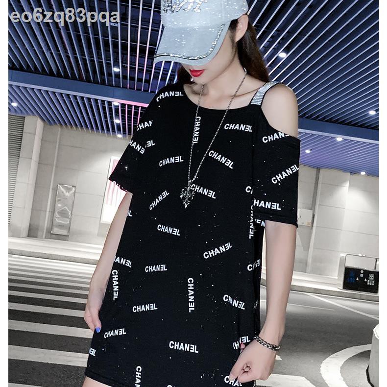 t ngắn tay dài trung -áo sơ mi Nữ váy rộng mùa hè 2020 phiên bản Hàn Quốc mới của áo trễ vai phối đồ với thiết