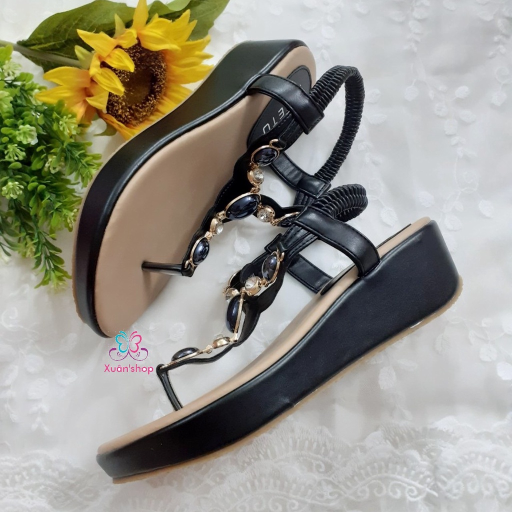 Sandal Siketu đế xuồng 5cm, quai xỏ ngón đính hạt sang trọng