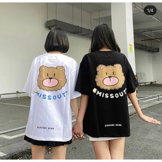 Áo thun tay lỡ dáng rộng in gấu siêu iu Trắng-Đen