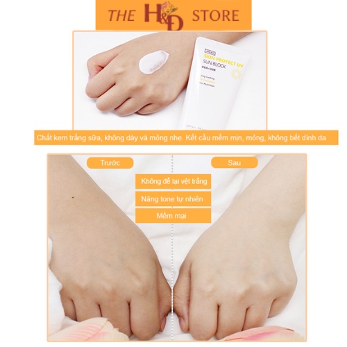 Kem chống nắng vật lý Hàn Quốc Pekah mịn nhẹ thấm nhanh không bết  UV Sun Block SPF 50+ PA+++ 70ml.