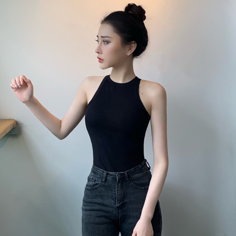 Áo Thun Không Tay Cổ Tròn Màu Đen Thời Trang Mùa Hè Dành Cho Nữ