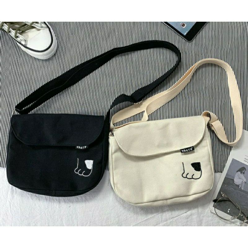 Túi đeo chéo đi làm, đi học đẹp, giá rẻ, vải canvas - CHÂN CHÓ THÊU 2