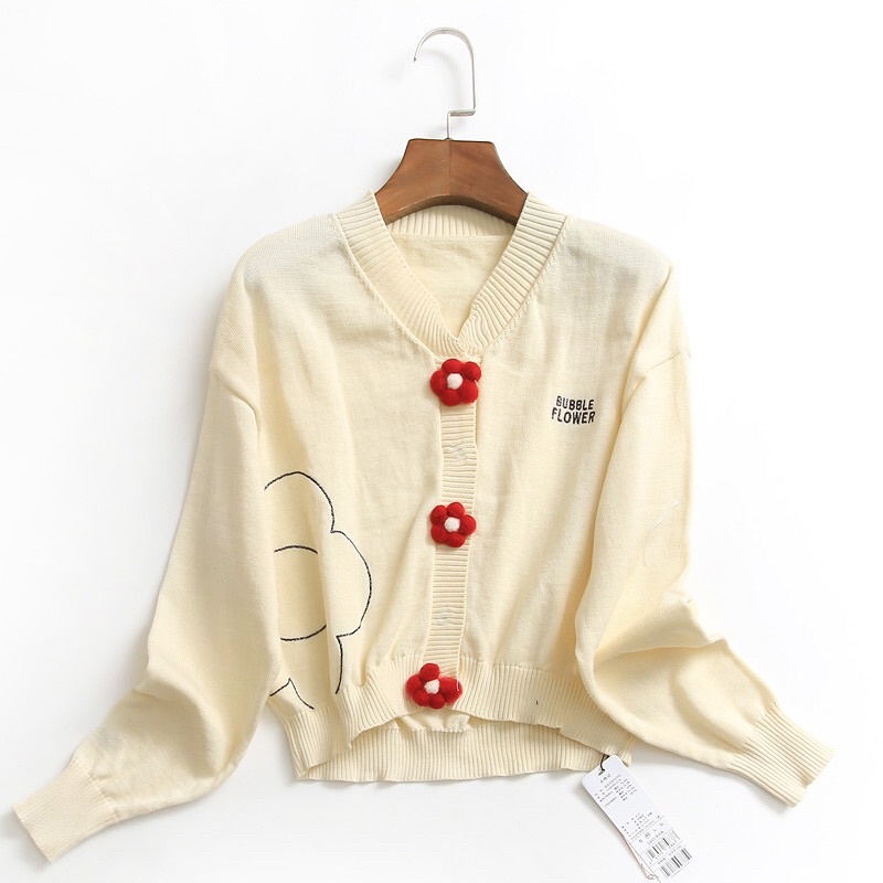 Áo len be nút hoa đỏ