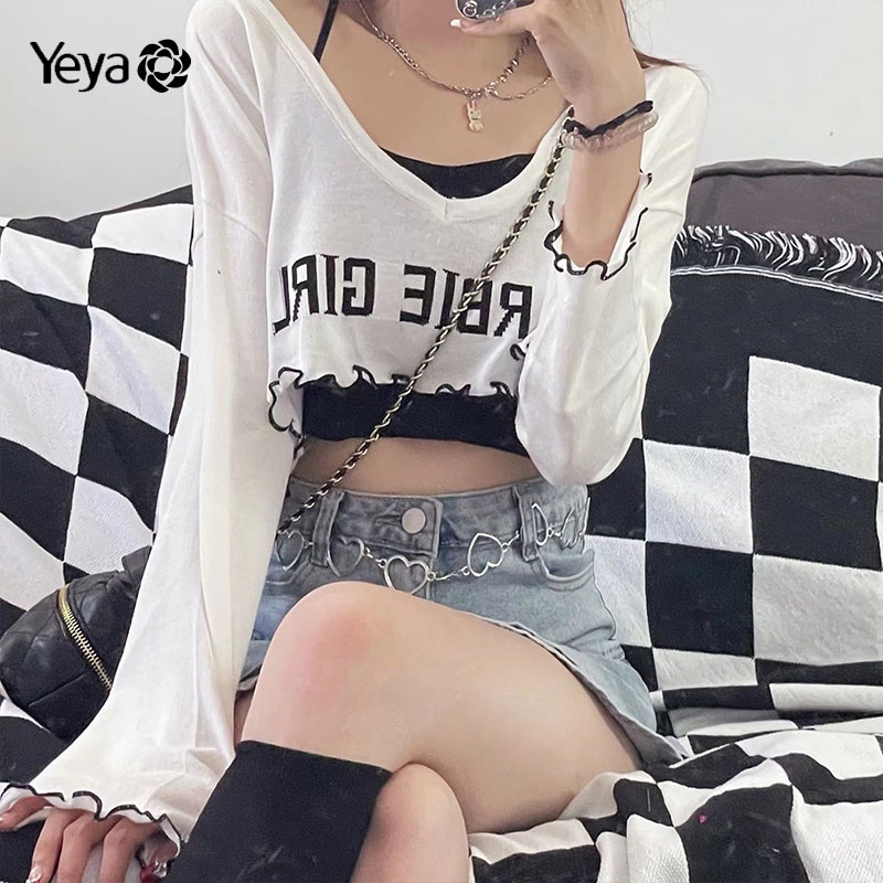 Set Áo Thun Dài Tay Hai Dây + Quần Short Lưng Cao Thời Trang Nữ