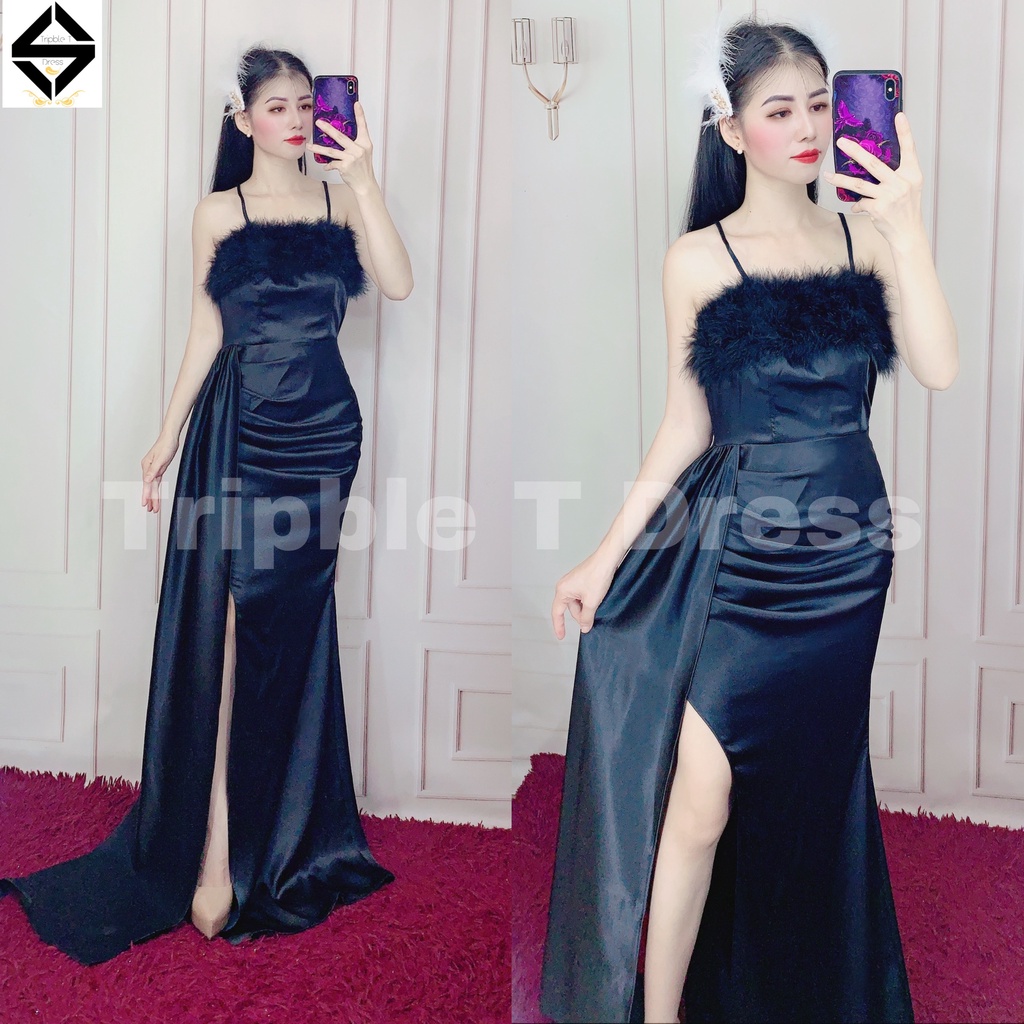 Đầm dự tiệc TRIPBLE T DRESS dáng maxi dài xẻ đùi phối lông - size S/M/L - MS400V