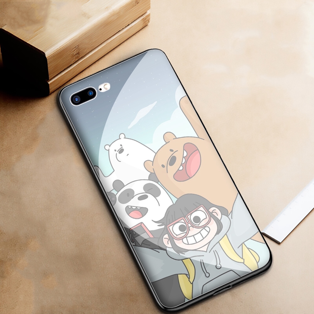 128S we bare bears moon iPhone 11 Pro XS Max XR X 8 7 6 6S Plus TPU Tempered Glass Case