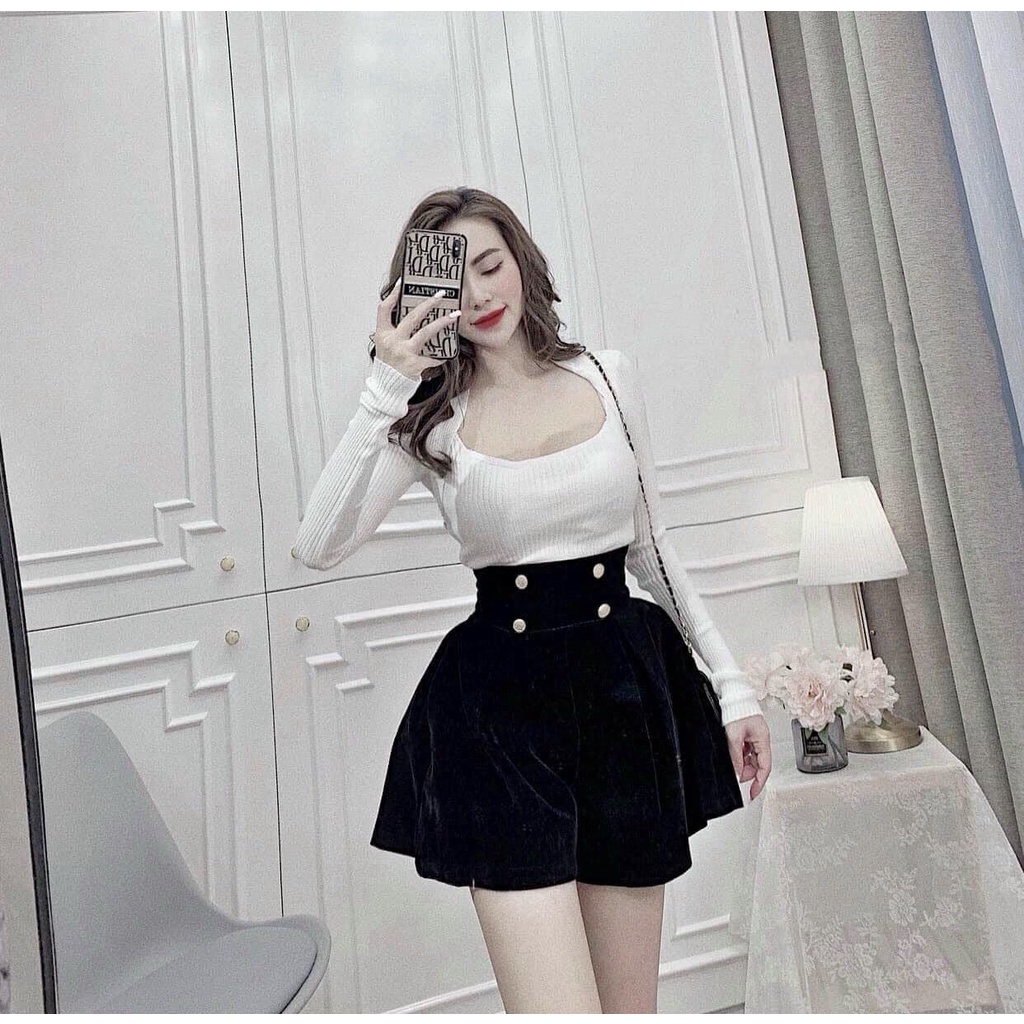 Áo len tăm dáng ôm cổ vuông phá cách phong cách Hàn Quốc kiểu ulzzang | BigBuy360 - bigbuy360.vn