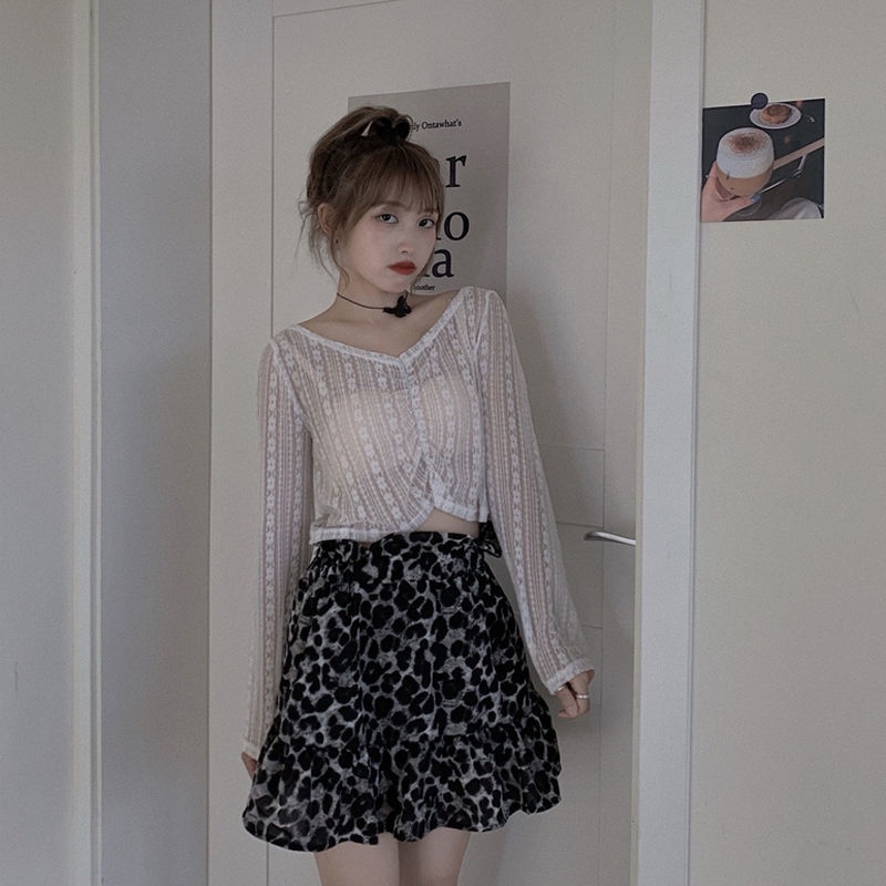 Jiashucheng Bộ Áo Ren Dài Tay + Chân Váy In Họa Tiết Da Báo Phong Cách Mới Cho Nữ