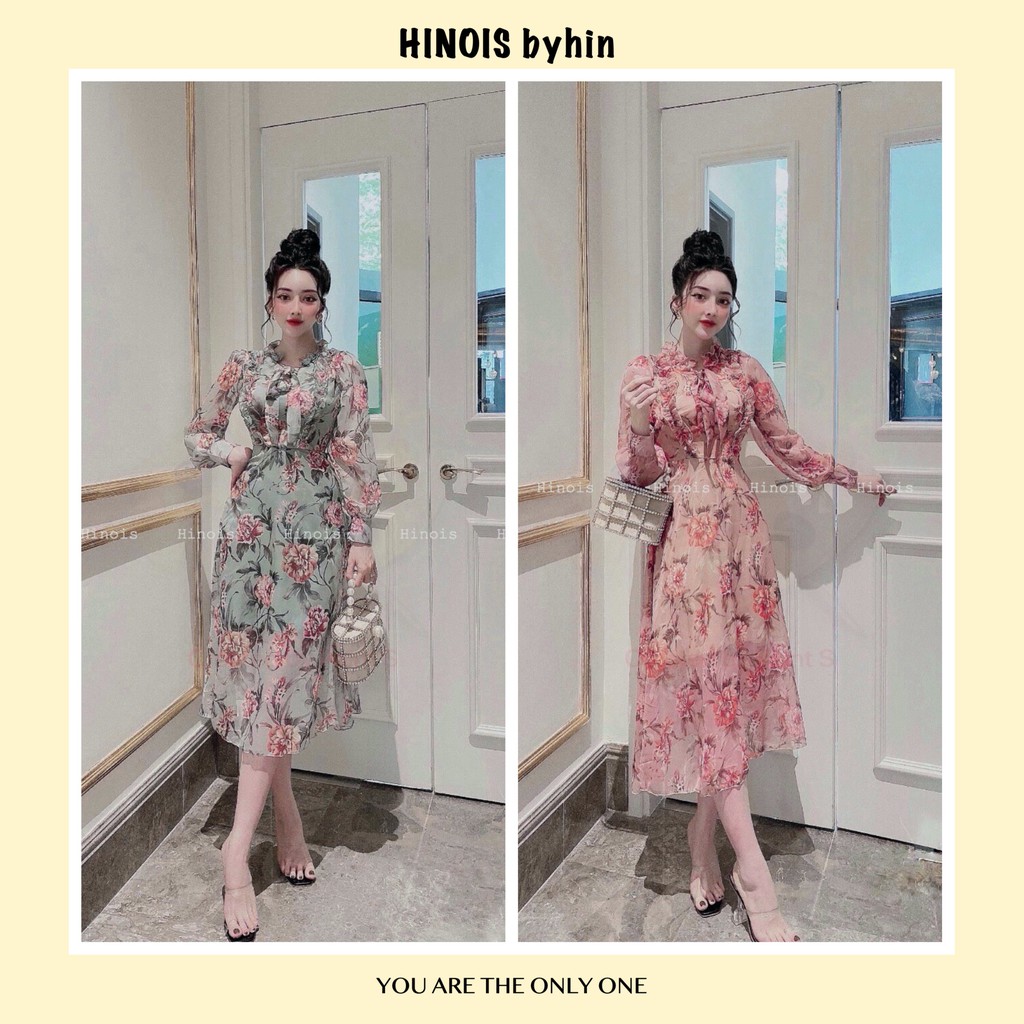 [HINOIS237] Đầm Maxi Hoa Tay Dài, Cổ Thắt Nơ Cách Điệu, Style Bánh Bèo Tiểu Thư, Chất Liệu Voan Tơ Cao Cấp- KÈM ẢNH THẬT