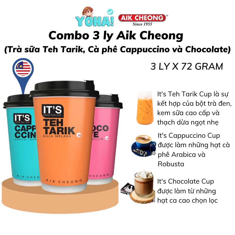 ✅ Set 3 ly đồ uống Aik Cheong - It's Cup (Trà sữa Teh Tarik, Cà phê Cappuccino và Chocolate hoà tan