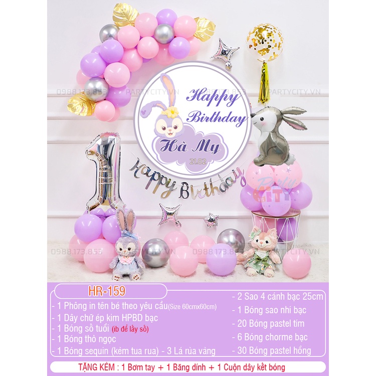 Set Trang Trí Sinh Nhật Bé Gái Chủ Đề Thỏ Tím Siêu Dễ Thương