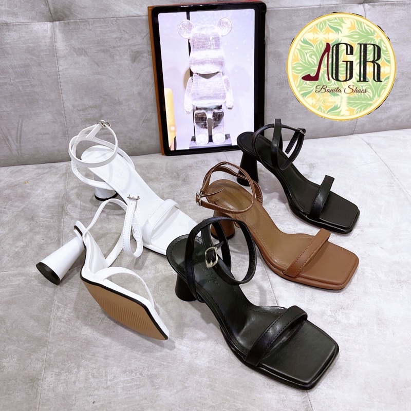 Sandal quai mảnh phồng da mềm gót trụ cao 8po