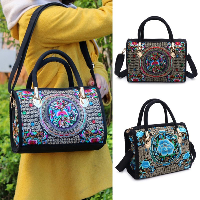HAN  Women Floral Embroidered Handbag Ethnic Boho Canvas Shopping Tote Zipper Bag
