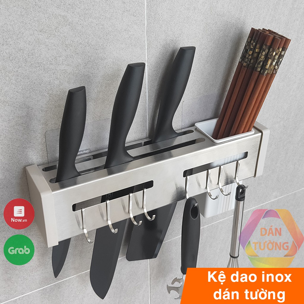 Kệ để dao đũa muỗng inox dán tường MDT, giá cắm dao với 8 móc treo dụng cụ nhà bếp đa năng - KDN