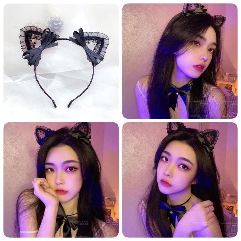 Bờm tóc tai mèo nơ họa tiết ren sexy cao cấp baby Cài tóc quyến rũ MINALI bị