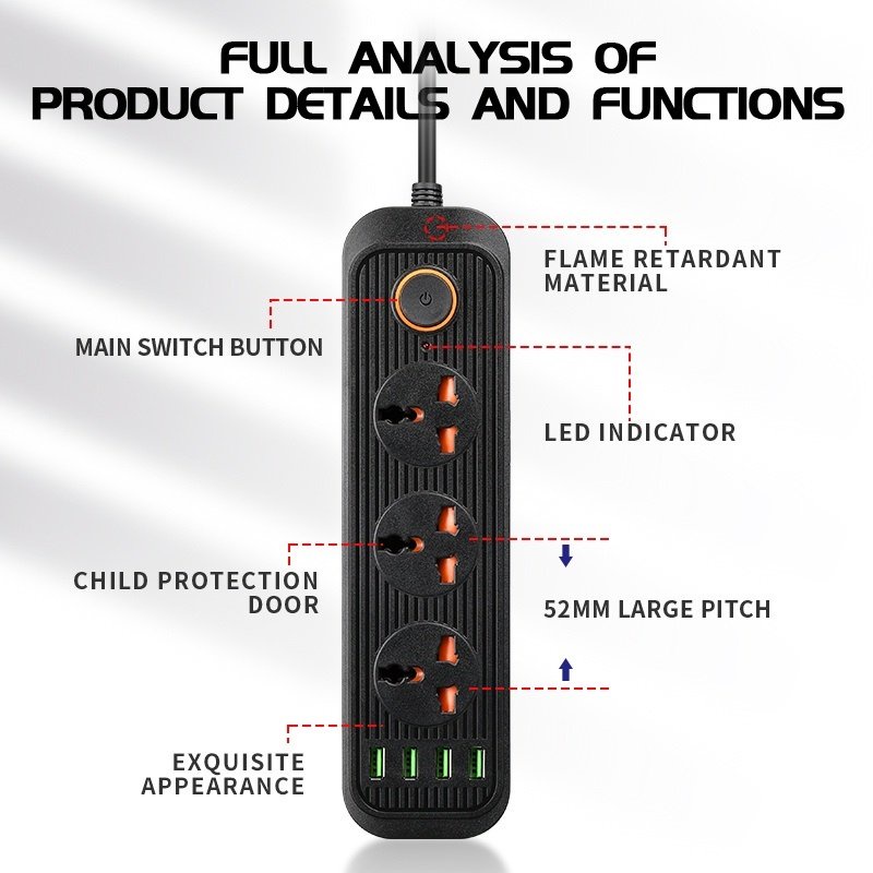 Ổ cắm điện thông minh 4 USB sạc nhanh, 4 chấu cắm điện chống giật, An toàn tiêu chuẩn EU