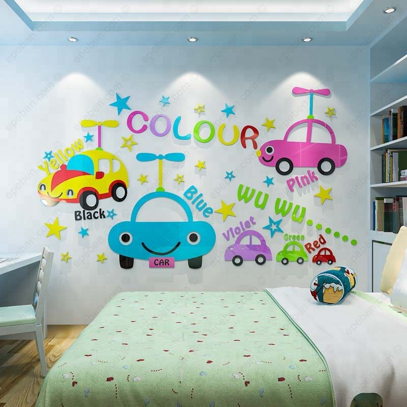 Tranh dán tường mica 3d decor khổ lớn đội xe hơi sắc màu trang trí mầm non, phòng cho bé Nhiều Size - EPeBen