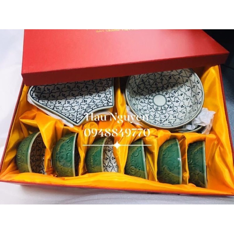 BỘ BÁT ĐĨA HOẠ MẶT TRỜI MẪU ĐỒNG XANH