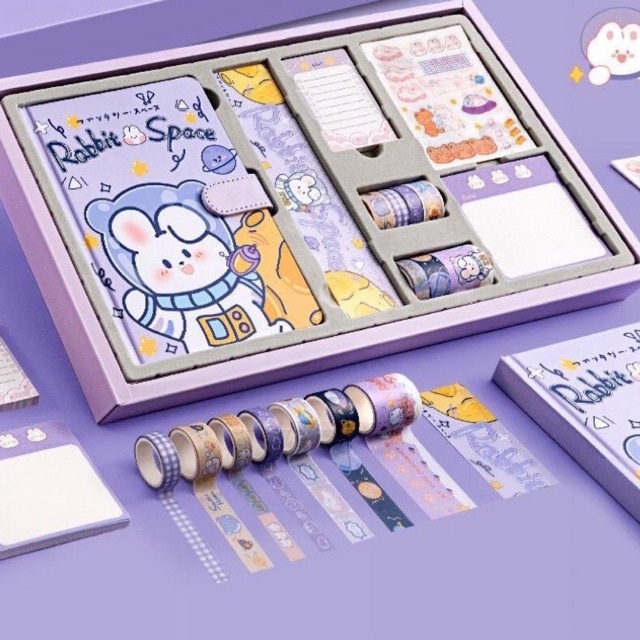 Set hộp quà tặng hình gấu có sổ tay, washi, giấy note, thước kẻ và sticker