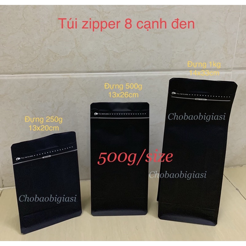 {500g/size} Túi zipper đáy bằng 8 cạnh màu đen (hàng đẹp)