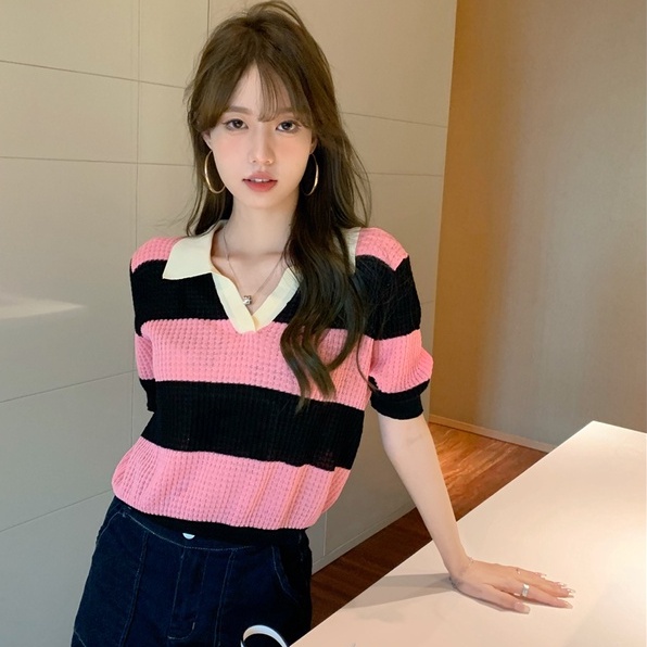 Áo thun polo ZHELIHANGFEI vải dệt kim tay ngắn kẻ sọc thời trang