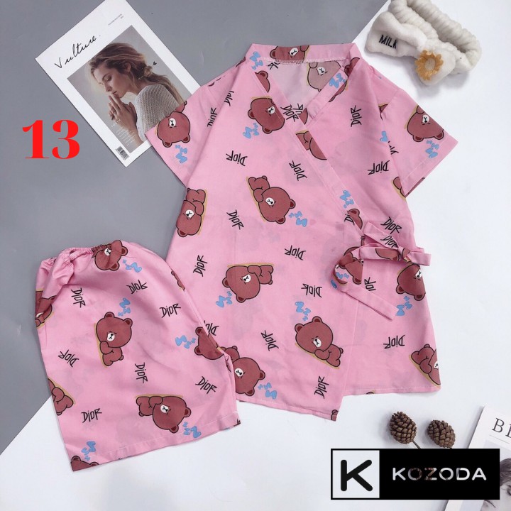 Đồ ngủ yukata Kimono Cộc Tay Nữ Set pijama buộc nơ in hình cute, quần áo ngủ mặc ở nhà, mùa hè Ulzzang Kozoda M45