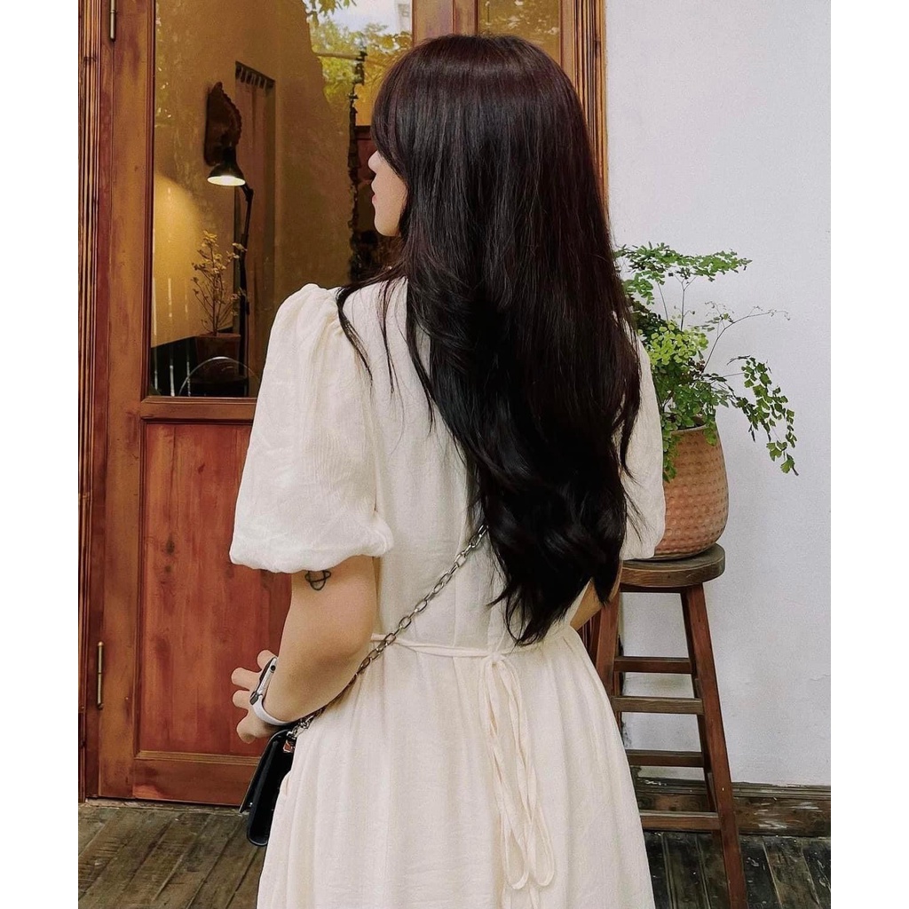 [Ảnh thật/Video] Váy maxi đũi xước tay bồng cổ V thắt nơ eo - Đầm tay bồng rút dây eo dáng dài 2 lớp