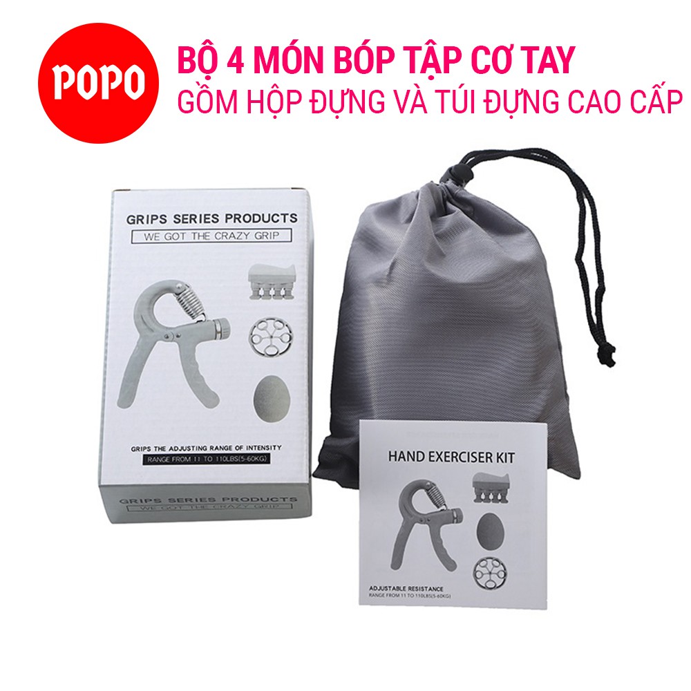 Kím bóp tay, Bộ 4 món tập cơ tay YGW21 đã chức năng có hộp đựng, có điều chỉnh kháng tích hợp lò xo thép không rỉ POPO