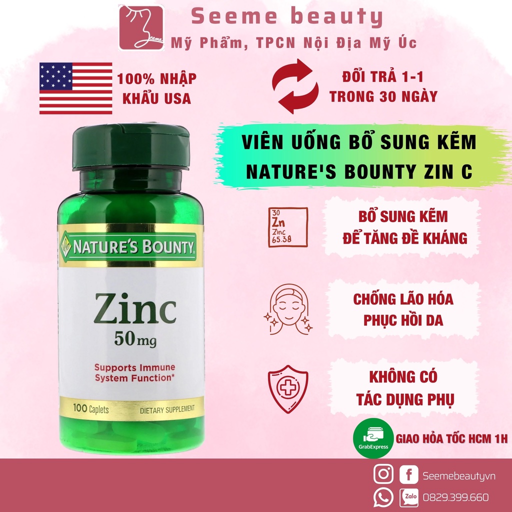 Viên Uống Bổ Sung Kẽm Nature's Bounty Zin C 50 mg 100 viên Seeme Beauty