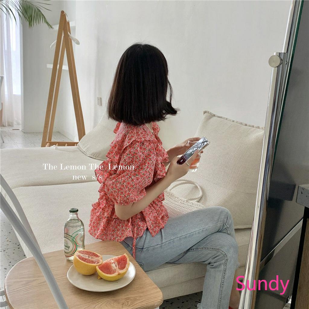 Áo Croptop Tay Phồng In Họa Tiết Hoa Phong Cách Retro Nữ Tính