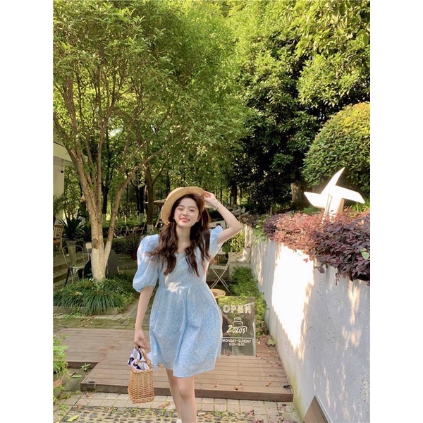 Váy hoa nhí tiểu thư ngắn tay bo chun nhẹ nhàng, 2 màu vàng, xanh, full size từ S-2XL, phong cách PHÁP