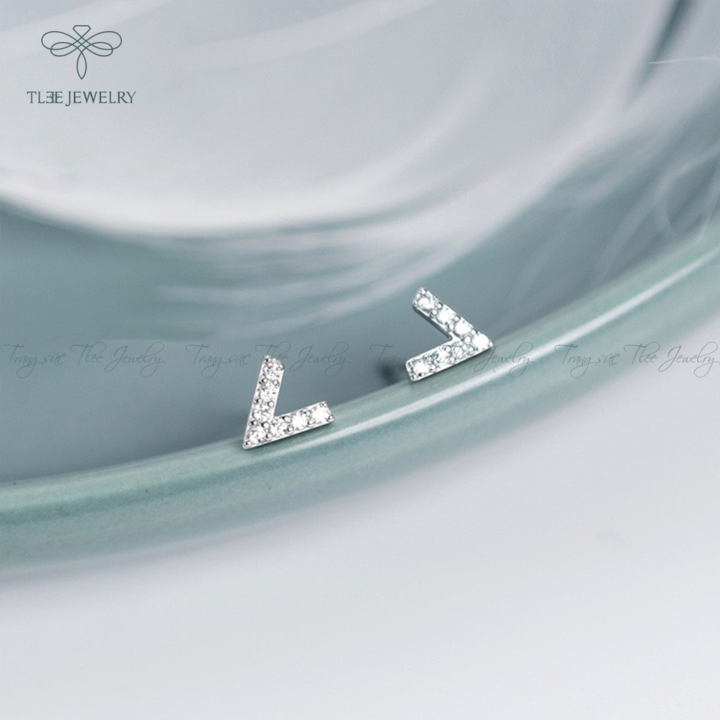 Khuyên tai bạc nữ TLEE chữ V nạm đá mini xinh xắn NCJ B0135