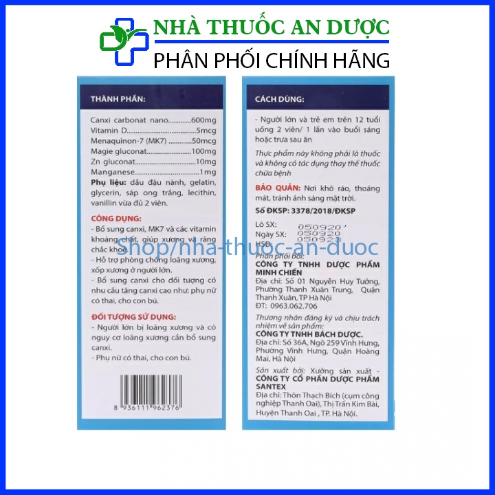 Viên uống Canxi Nano MK7 D3 Glucosamin bổ sung canxi, giúp tăng chiều cao, giảm nguy cơ loãng xương – Lọ 30 viên