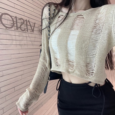 Áo Dệt Kim Tay Dài Màu Đen Dáng Ngắn Thời Trang Mùa Hè Quyến Rũ Cho Nữ