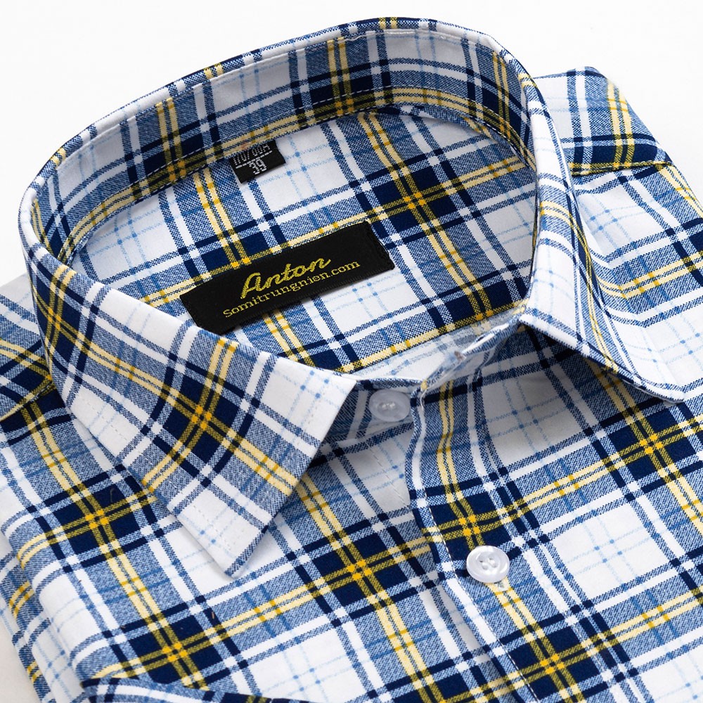 Áo Sơ Mi Nam Công Sở Trung Niên Thương Hiệu ANTON Ngắn Tay Kẻ Caro Xanh Trắng Vải Cotton V820 | BigBuy360 - bigbuy360.vn