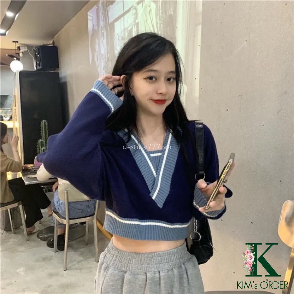 Áo len croptop tay dài cổ chữ V phong cách Hàn Quốc cho nữ