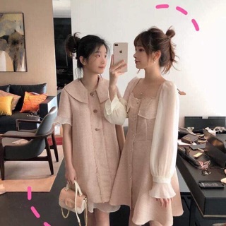 Set váy len + váy hồng + áo đen